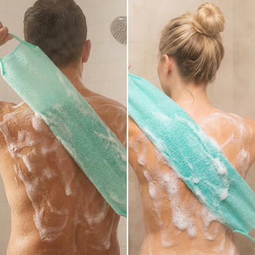 12Pcs Exfoliating Back Scrubber with Handles, Nylon Back Exfoliator Washers Scrubbers Stretchable Pull Strap Exfoliating Washcloth Body Scrubber Cloth Towel for Shower Skin Massages