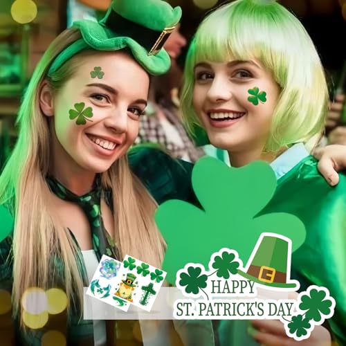 24 Sheets St. Patrick's Day Glitter Shamrock Temporary Tattoos, St Patricks Day Decorations Favors Supplies Waterproof Saint Patrick's Day Accessories Clover Tattoos Irish Party Leprechaun