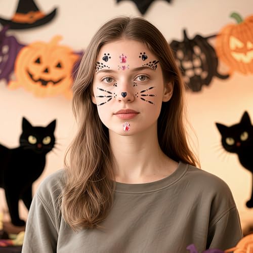 Black Cat Face Gems, Pink Cat Print Jewels, Face Crystal Jewels, Fake Cat Lash Gems Tattoo Eye Stick on for Men, Women, Kids, Halloween Prank Makeup Costume