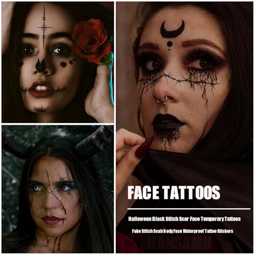 16 Sheets Black Stitch Scar Face Tattoos, Fake Stitch Scab Body Face Waterproof Temporary Tattoo Stickers for Halloween Masquerade Makeup Supplies