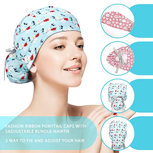 Honoson 6 Pcs Dental Scrub Caps Women Dentist Nursing Hats Adjustable Bouffant Nurse Hats Ponytail Turban Caps