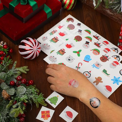 Nosiny 240 Pcs Glitter Christmas Temporary Tattoos Winter Tattoos Bulk Merry Christmas Tattoo Stickers Xmas Tree Snowman Penguin Stocking Stuffers for Eve Gifts Party Favors