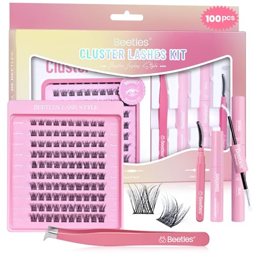 Beetles Lash Kit Volume Wispy Lash Clusters Eyelash Extension Kit 100 Pcs CC Curl 9-16mm False Eyelashes Extension Set with 2-in-1 Bond and Seal Remover Brush Tweezers Bouquet KVB083