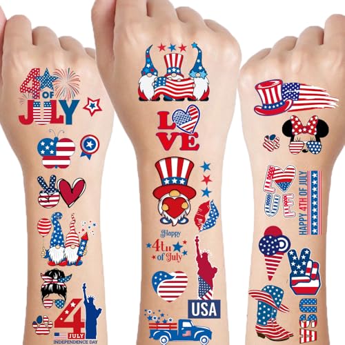 82 Pcs 4th of July Tattoos - Red, White, and Blue Fourth of July Temporary Tattoo Stickers for USA Party Favors, Independence Day, Memorial Day, Labor Day Decorations, and Patriotic Party Supplies