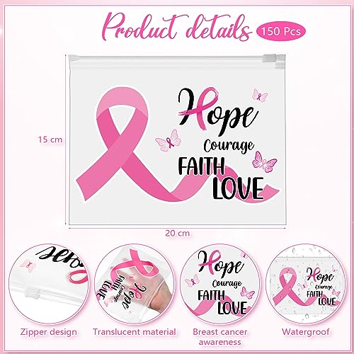 Abbylike 150 Pcs Breast Cancer Awareness Makeup Bags Bulk Pink Cosmetic Pouches Breast Cancer Survivor Gifts for Woman Girls EVA Waterproof Zipper Pouch Travel Toiletry Cosmetic Organizer(Ribbon)