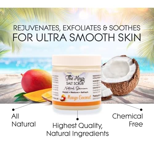 The Keys Salt Scrub -Sea Salt Scrub - Exfoliating Body Scrub with Wooden Spoon - Moisturizing Exfoliator for Hands, Foot, Bath, (3.4 Ounce (Pack of 3), Mango Coconut)