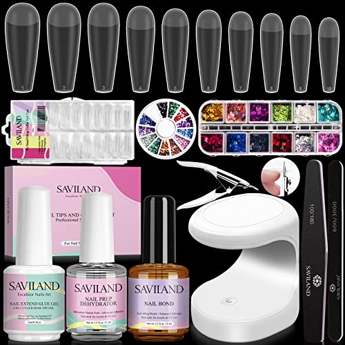 SAVILAND All in One Nail Tips and Glue Gel Kit - 240Pcs T-Shape Matte Nail Tips, 4-in-1 Nail Glue Foundation Base with Nail Gel Primer, Nail Prep Dehydrator, 16w U V Lamp, Gifts for Women