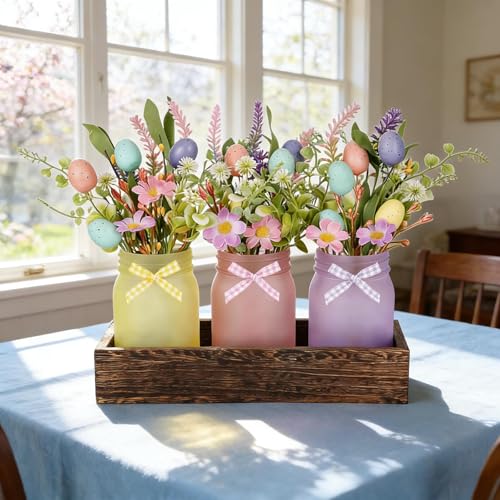 3 Pack Easter Mason Jar Floral Table Centerpiece Tiered Tray Decor with Wood Tray Artificial Easter Egg and Spring Daisy Flowers Plants for Farmhouse Home Kitchen Bathroom Decor