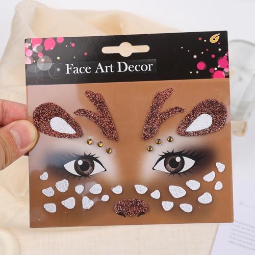 Christmas Reindeer Face Tattoos Glitter Temporary Tattoo Cute Deer Fake Tattoos Eyes Face Gems Stickers for Women Girls Christmas Halloween Holiday Party Supplies 2Pcs