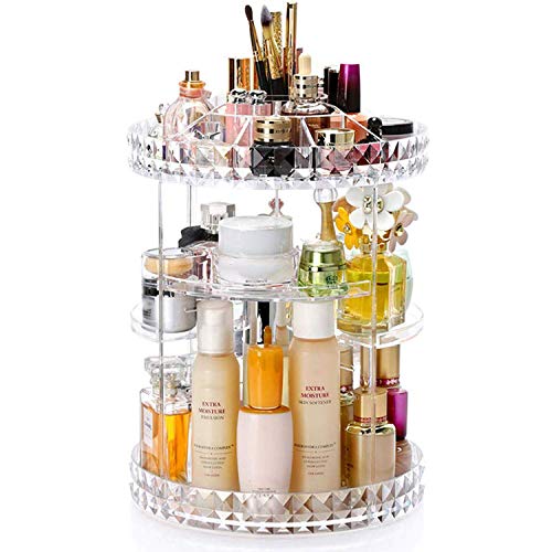 PJLANDI Acrylic 360 Degree Rotation Makeup Organizer, Cosmetic Storage holder shelf rack Perfume in Bathroom Dresser Diamond Pattern for skin care stand