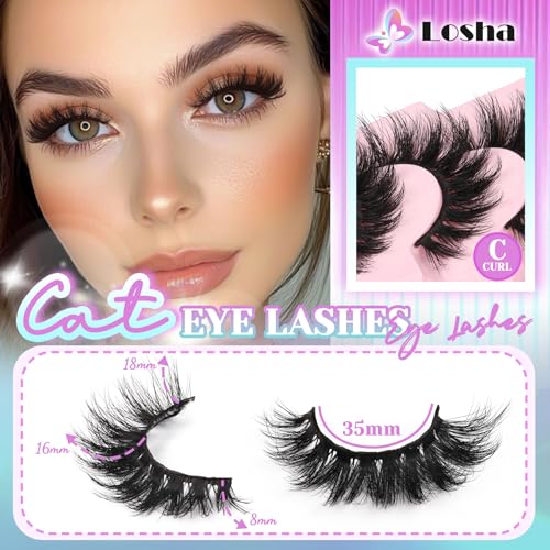 Losha Lashes Volume False Eyelashes Fluffy Cat Eye Lashes 7 Pairs Crisscross Lashes Strips 8-18mm Thick Fake Eyelashes 3D Faux Mink Lashes (FC03)