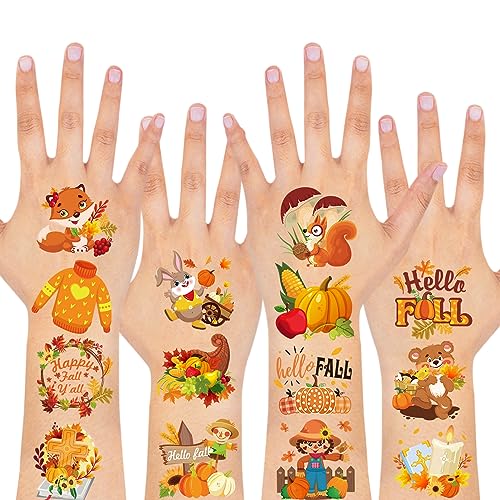 HOWAF 96 Pieces Fall Temporary Tattoos, Fall themed Tattoos for kids, Maple Leaves Pumpkin Fake Temp Tattoo for Fall Thanksgiving Decorations Autumn Stickers