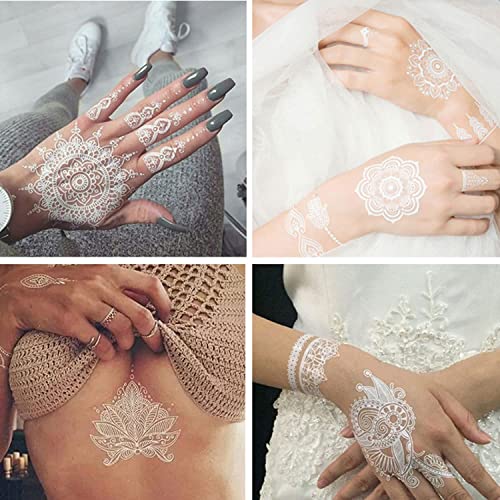 6 Sheets White Henna Temporary Tattoos for Women Girls Lace Fake Tattoo Stickers Mystery Sexy Mandala Flower Body Art Design Waterproof Henna Sticker DIY Goddess Look