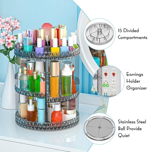360 Rotating Makeup Organizer, DIY Adjustable Cosmetics Organizer[Patented Product], Professional Acrylic Make Up Caddy Shelf Storage Perfume, Lipsticks, Makeup Brushes or Accessories (Gray)