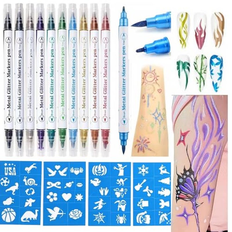 Temporary Tattoo Markers for Skin, 10 Body Markers Make Bold and Fine Lines, Cosmetic Quality + Tattoo Stencils for Kids and Adults, Dual-End Tattoo Pens for Body & Face Art, Halloween Makeup Kit