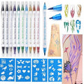 Temporary Tattoo Markers for Skin, 10 Body Markers Make Bold and Fine Lines, Cosmetic Quality + Tattoo Stencils for Kids and Adults, Dual-End Tattoo Pens for Body & Face Art, Halloween Makeup Kit