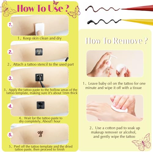 Temporary Tattoo Kit for Teens & Adults ? 3 Tattoo Pastes (2 Brown+Cherry Red), 100pcs Reusable Stencils, Outline Pen, Long Lasting Waterproof Body Art, DIY Skin Painting for Festivals, Parties Makeup