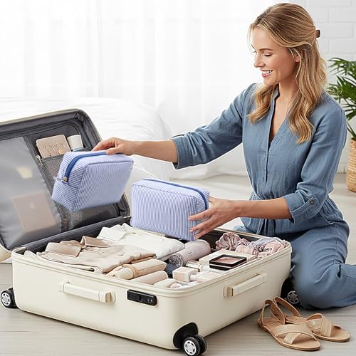 Sanwuta 10 Pcs Seersucker Cosmetic Bag Seersucker Makeup Bag Women Stripe Large Travel Toiletry Organizer Preppy Storage Pouch for Embroidery Wedding Bridesmaid Bride Mom(Sea Blue)