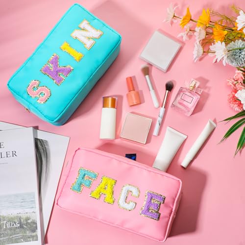 Remerry 4 Pcs Makeup Bag Travel Cosmetic Bag Organization Chenille Letter Toiletries Stuff Pouch Preppy Waterproof Gift for Women Girl Teen (Colorful,Face Skin Hair Stuff)