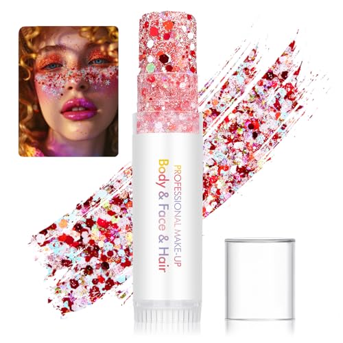 Body Glitter Stick for Face, Body & Hair - Red & Pink Chunky Sparkle Glitter, 2 Pack | Long Lasting Party Makeup for Festival, Rave, Concert & Cosplay