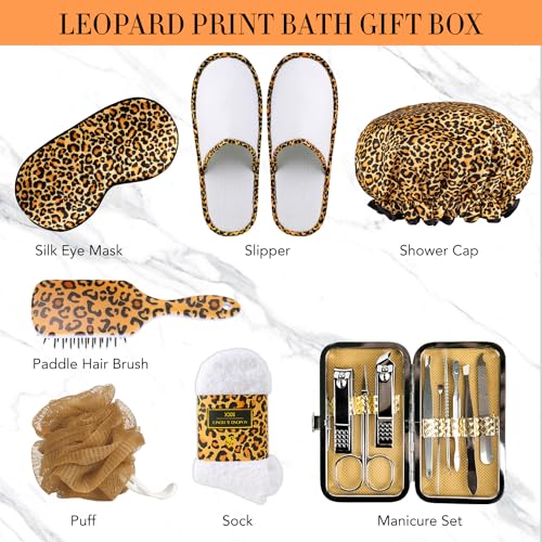 Valentines Day Gifts for Women, 20 Pcs XXL Leopard Bath and Body Gift, Skin Care Set, Self Care Gifts Set, Mother's Day, Birthday, Home Spa Kit, Holiday, Christmas, Shower Cap, Manicure Set