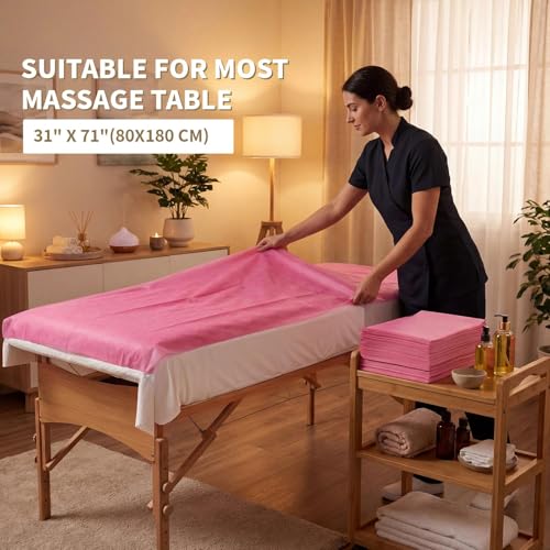 100 Pcs Massage Table Sheets Disposable Bed Cover Non Woven Fabric Breathable Sheets for Massage,Spa, Beauty Salon, Facial,Tattoo, Waxing, Esthetician (71"x 31" Pink)