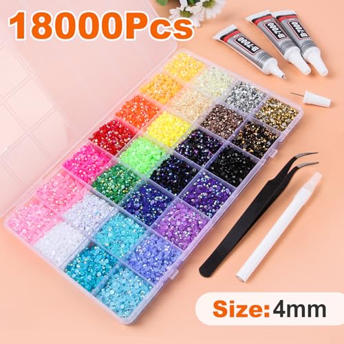 18000Pcs Resin Jelly Rhinestones for Bedazzling, 28 Colors 4mm Flatback Gems for Diamond Art, Bedazzler Kit with 3Pcs 10ml B7000 Jewelry Glue for Crafting Crafts Book Shoes Nail Art