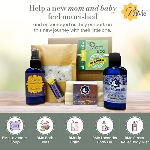 Blue Moon Elise New Mom Box, Natural Lavender Bath and Body Spa Gift Baskets for Women, New Mom Gifts for Women, Made from Pure Lavender Essential Oils, Safe for Use on Babies