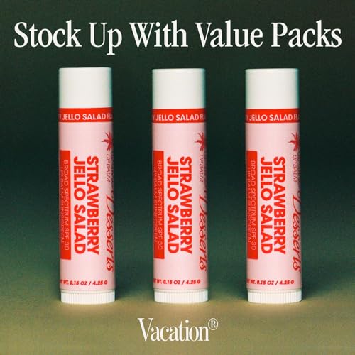Vacation Strawberry Jello Salad SPF 30 Lip Balm, Hydrating Sunscreen for Lips, Water-Resistant, Lightweight, Transparent Sheen, Vegan Formula Made without Beeswax (Pack of 3)
