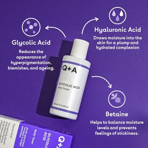 Q+A Glycolic Acid Daily Face Toner (100ml), Hydrating Toner for Face with Glycolic for Smooth Skin, Refines Pores & Evens Skin Tone, Fragrance Free, Alcohol Free, Vegan & Cruelty Free Skincare