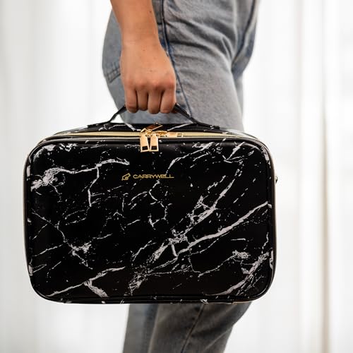 Carrywell Makeup Bag Travel Case, Not-Made In China, Hard Train Case for Cosmetics, Portable Beauty Artists Organizer, Storage Box With Adjustable Dividers For Make Up and Brushes, Medium Marble