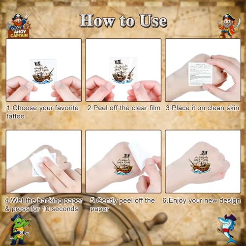 100 Pcs Pirate Temporary Tattoos for Kids,£¨2'' x 2''£©Individually Wrapped Tattoos, Pirate Ship Nautical Themed Birthday Decorations, Party Favors Supplies