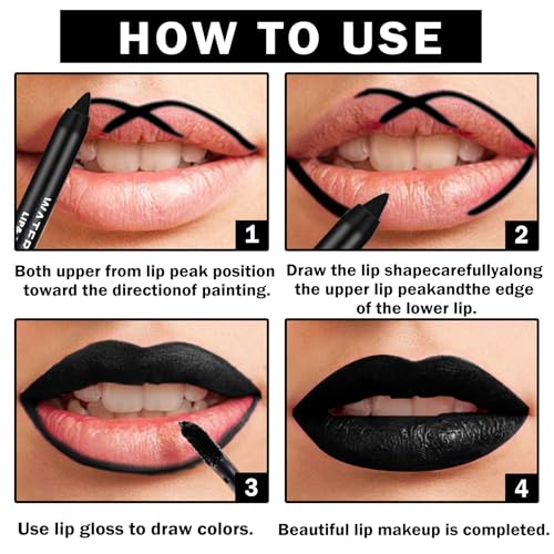 Black Lipstick Halloween Black Lip Liner Lip Kit,Matte Black Lipstick Long Lasting Smudge Proof,Velvet Black Lip Gloss Lip Stain,Non Stick Cup Black Liquid Lip Stick and Lip Pencil for Women