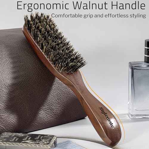 Boar Bristle Hair Brush for Men, Mens Slick Back Hair Brush with Stiff Bristles & Wooden Walnut Handle for Thick & Fine Hair Smoothing, Detangling, Styling, Beard Straightens