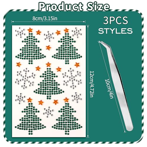 3Pack Christmas Face Rhinestone Sticker Self Adhesive Gems Stick on Christmas Tree Santa Face Jewels Tattoo Stickers Crystal for Body Nails Crafts Makeup Winter Holiday Xmas Decoration