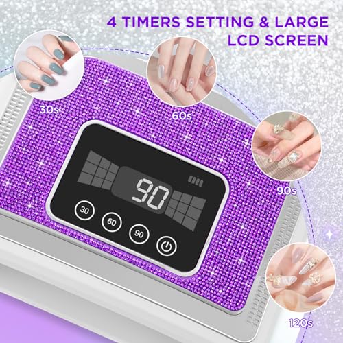 Aedavey Cordless Nail Lamp, Rechargeable UV Nail Lamp for Gel Nails, LED Nail Lamp with 4 Timer Modes, Gel Nail Light Decorate with Sparkling Nail Rhinestones Diamond (Sparkly Purple Diamond)