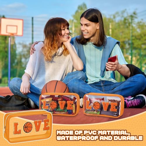 6 Pcs Basketball Clear Makeup Bag with Chenille Letter Patch Sport Goodie Clear PVC Pouch Organizer Waterproof Travel Toiletry Bags for Sports Theme Birthday Party Supplies