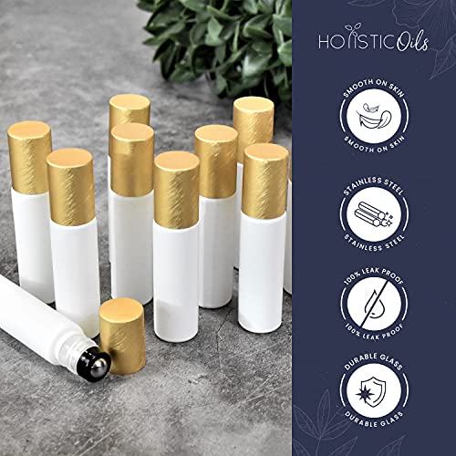 12-Pack 10ml White Glass Roller Bottles with Brushed Gold Leakproof Caps ? Refillable Roll-On Bottles with Updated Roller Insert for Essential Oils, Serums, Perfumes, and DIY Aromatherapy