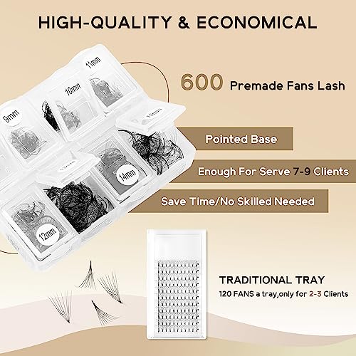 Premade Fans Eyelash Extensions 600 Fans 12D Handmade Volume Lashes Extensions 0.05mm Thickness 8-15mm D Curl Premade Volume Eyelash Extension Middle Stem Promade Lashes(600Fans-12D-0.05D,8-15mm)