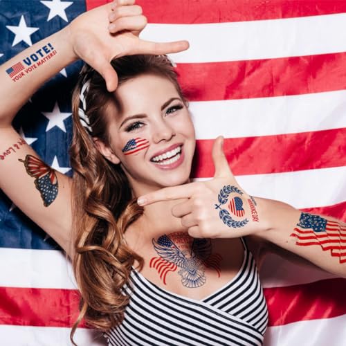 4th of July Temporary Tattoos Full & Half Arm - American Flag Tattoos for Kids Women Men Fourth of July Party Decorations and USA Party Favors,Independence Day Party Supplies