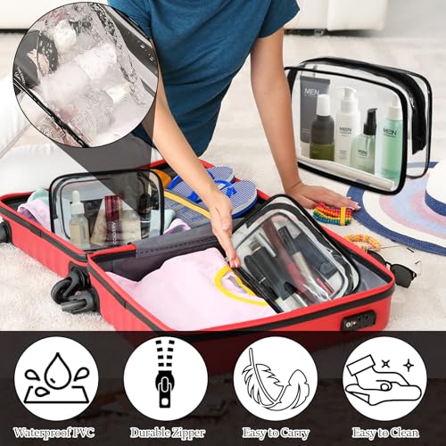 4 Packs Large Clear Comestic Bag, Waterproof Clear Makeup Toiletry Organizer Pouch, Reusable PVC Plastic Storage Bags with Zipper for Travel (4, Black)
