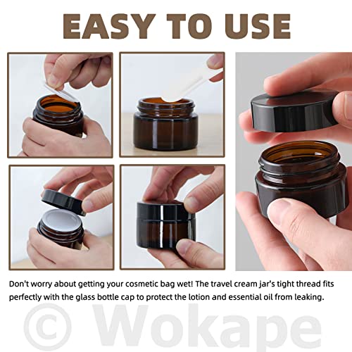 20 Pack 0.5oz/ 15ml Amber Glass Jars with Liner Lids Spatulas, Round Travel Containers for Ointments Lotion Creams Sample Pack