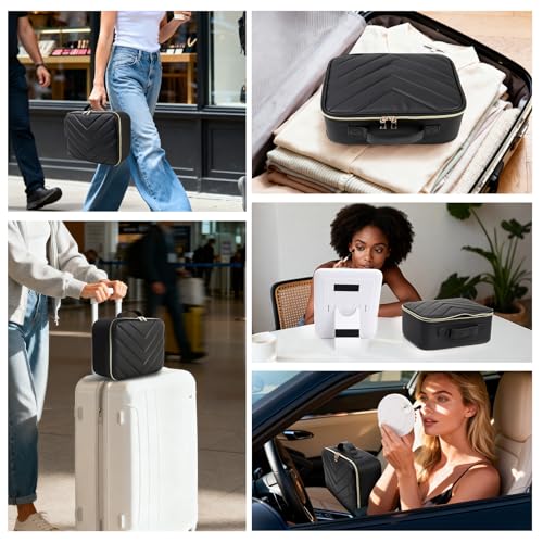 Travel Makeup Bag with LED Mirror, Large 12 Inch Cosmetic Train Case with Jewelry Organizer, 10X Magnifying Mirror, Adjustable Dividers for Cosmetics Makeup Brushes Toiletry, Includes 6 Velvet Pouches