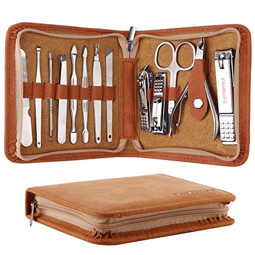 FAMILIFE F03 Manicure Set, Pedicure Kit Nail Clipper Set 13pcs Professional Men Grooming Kit and 11 in 1 Stainless Steel Pedicure Tools Kit Grooming Kit with Portable Brown Leather Travel Case