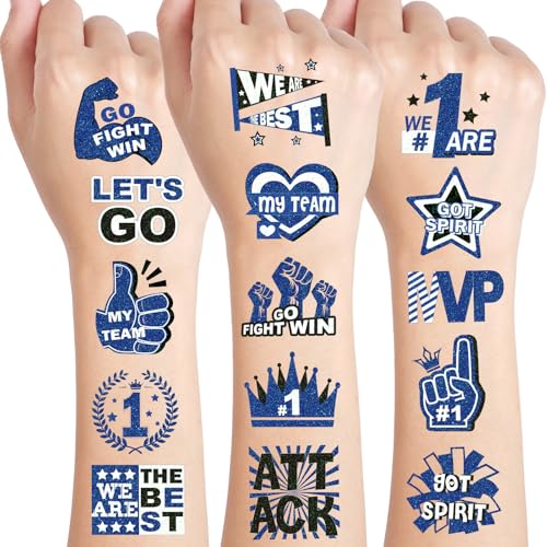 160 Pcs Glitter Team Spirit Temporary Tattoos School Team Cheer Face Stickers Cheerleading Party Supplies and Sports Games Decoration(BLUE)