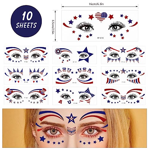 HOWAF 4th of July Face Tattoo Stickers, 10Pcs USA Independence Day Facial Makeup Stickers, Patriotic Fake Tattoos, Waterproof, Red, White, Blue