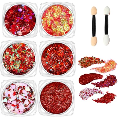 Red Body Glitter Face Glitter Red Hair Glitter Gel Festival Face Paint Rave Makeup Glitter Valentines Face Gems 6 Shapes Fine Chunky Glitter Gel for Women Girls