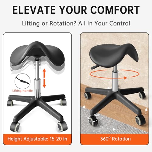 Saddle Stool with Wheels - Anti-Static Ergonomic Adjustable Rolling Stool for Salon, Spa, Office & Home - 360¡Æ Swivel Hydraulic Chair, 330LB Capacity, Black