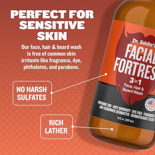 Dr. Eddie's 3 In 1 Face, Hair, & Beard Wash - Beard Dandruff Shampoo For Men, Beard Cleanser, Face Wash, Beard Care, Face Soap With Pyrithione Zinc - 8 Fl Oz (Pack Of 1)