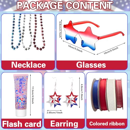 4th of July Accessories for Women Red White Blue Body Glitter Patriotic USA Dangle Star Sunglasses Ribbon Fourth of July Memorial Independence Day Outfit Gift Set